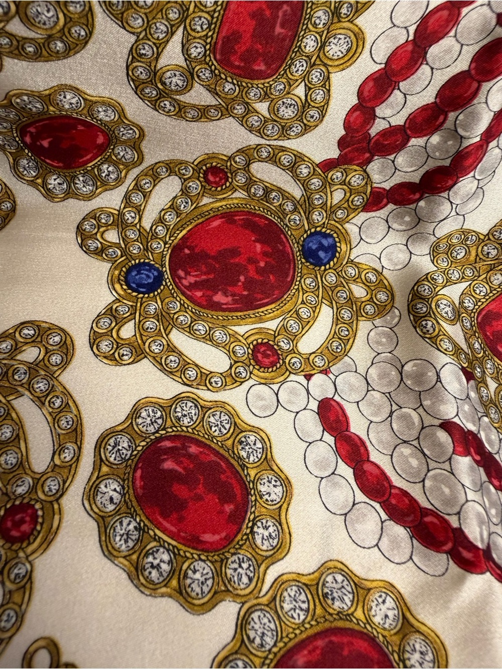CHANEL Cream Silk Scarf with Red, Gold and Blue Jewel Motif - Picture 5 of 10